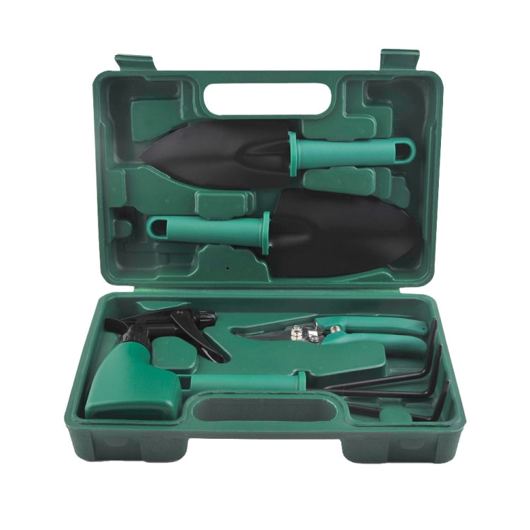 Green potted gardening tool set open in case with black-and-green hand tools