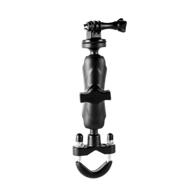Black motorcycle action camera mount holder with handlebar clamp and arm