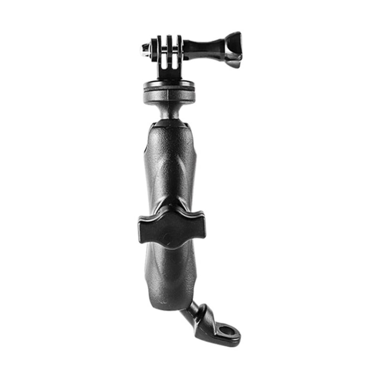 Black motorcycle action camera mount with mirror-style base and handlebar clamp