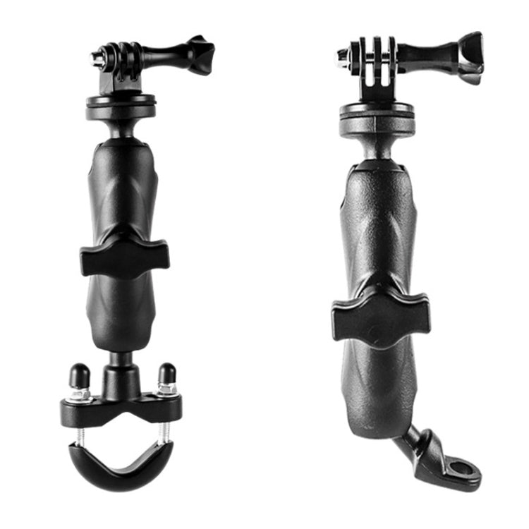 Two-piece motorcycle action camera mount holder with adjustable clamp and arm
