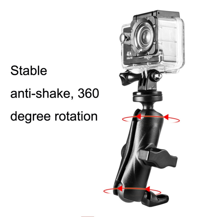 Black handlebar action camera mount with 360-degree rotation joint and anti-shake design