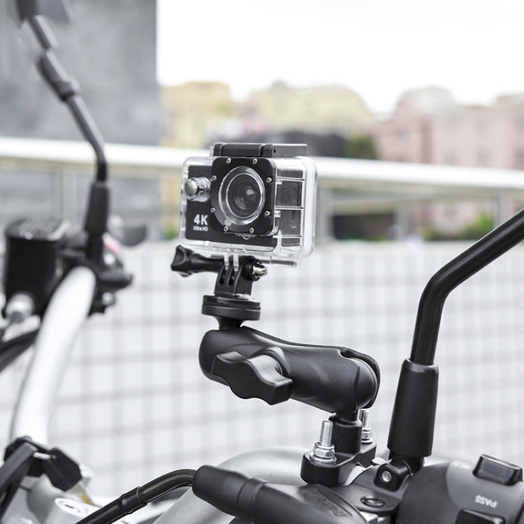Action camera mounted on black handlebar clamp with flexible mounting arm