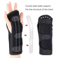 Black wrist brace with curved steel-plate support insert and wraparound padding