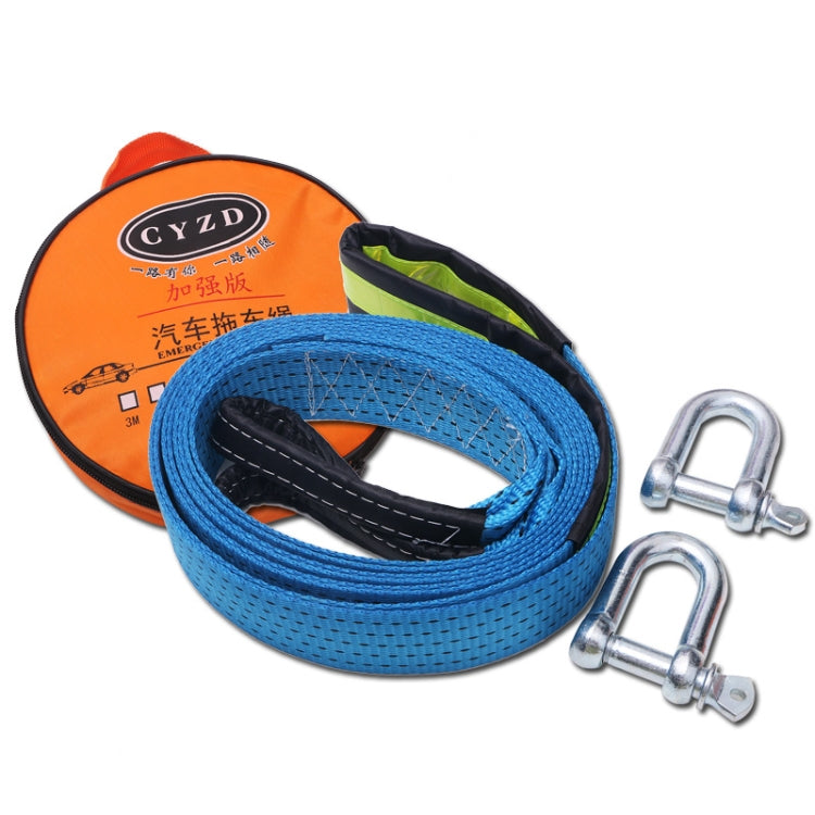 Coiled off-road tow rope with blue webbing, black straps, and chrome steel hooks