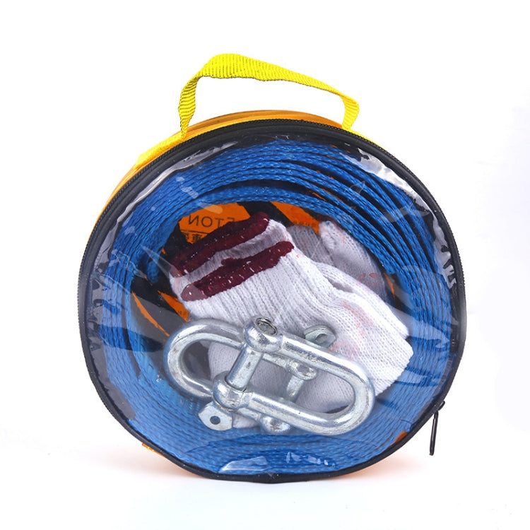 Rolled off-road tow rope with blue webbing and chrome hook fastener inside cover