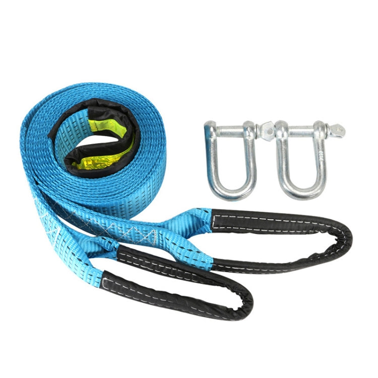 Off-road tow rope kit: blue webbing strap with black loops and chrome steel hooks