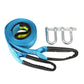 Off-road vehicle tow rope set with blue strap, black lashing ends, and metal hooks