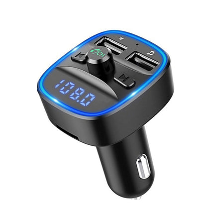 Black car MP3 Bluetooth player charger with blue ring, dual USB ports, LED display