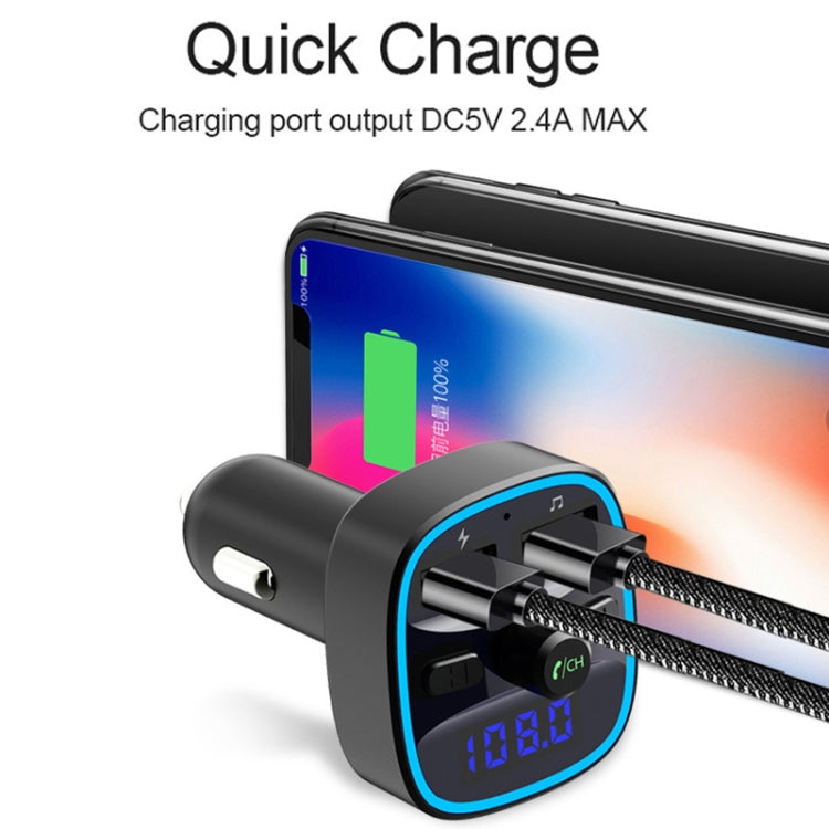 Black car MP3 Bluetooth player charger with quick charge port and glowing LED screen