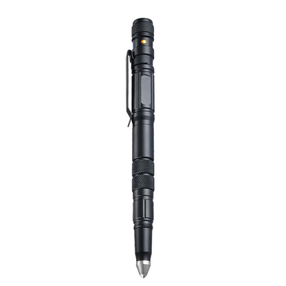 Black LED self-defense window-breaking pen with textured grip and pointed tip