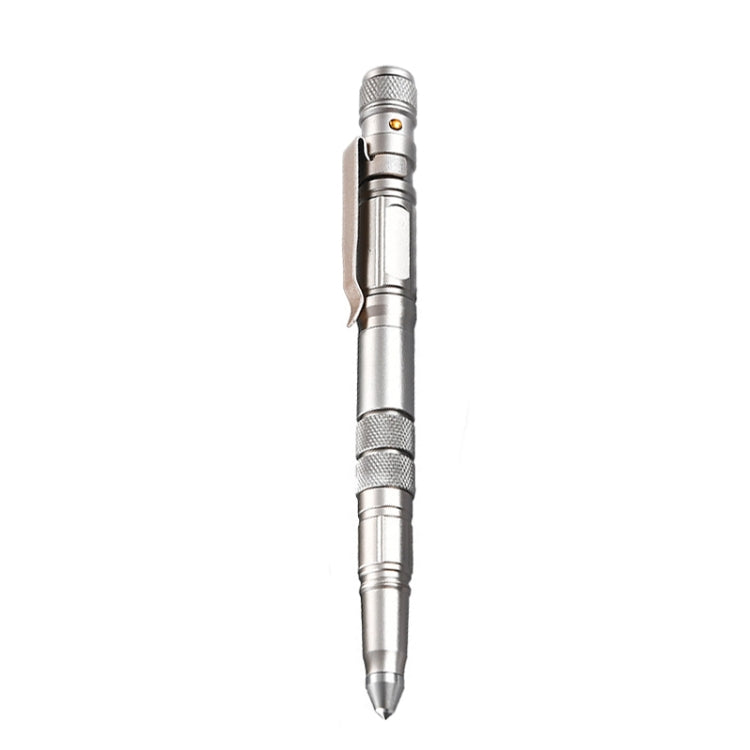 Silver LED self-defense window-breaking pen with textured grip and pointed tip