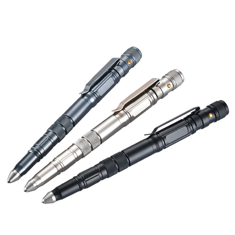 Set of three LED self-defense window-breaking pens in black, silver, and dark blue
