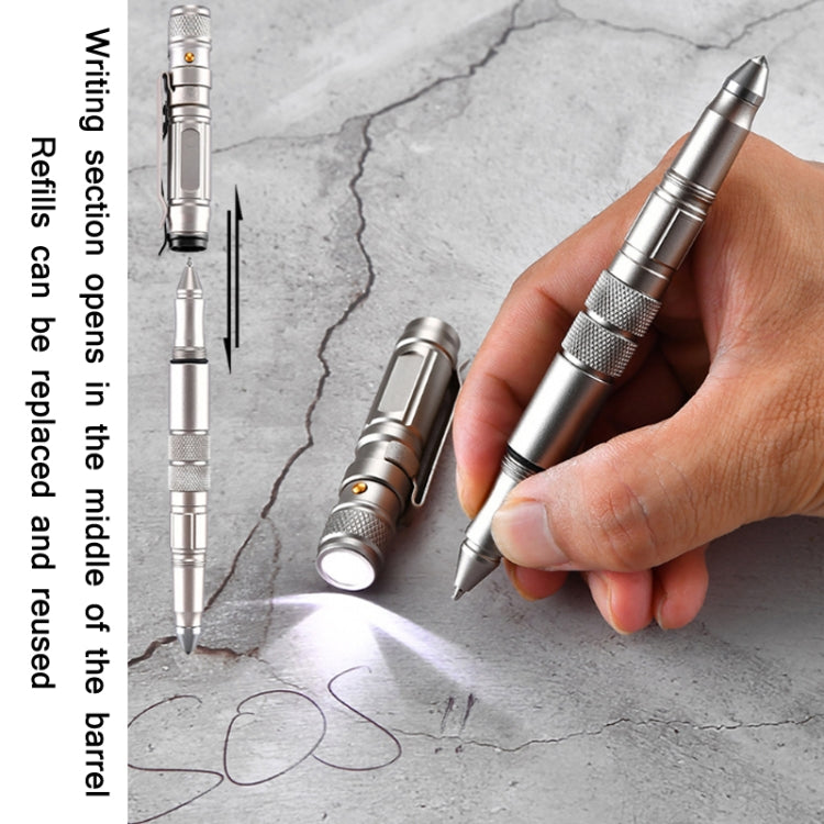 Silver LED self-defense pen with pointed tip and window-breaker impact area