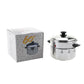 Stainless steel pressure cooker with domed lid and mechanical timer dial, with box