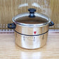 Stainless steel pressure cooker with domed lid and mechanical timer dial