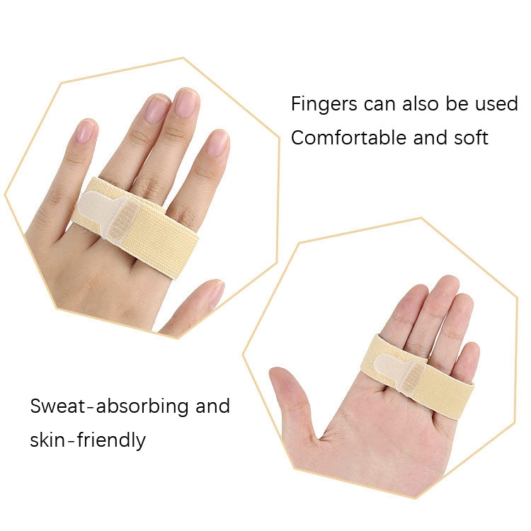 Beige elastic toe belt finger splitter worn on fingers with padded separator