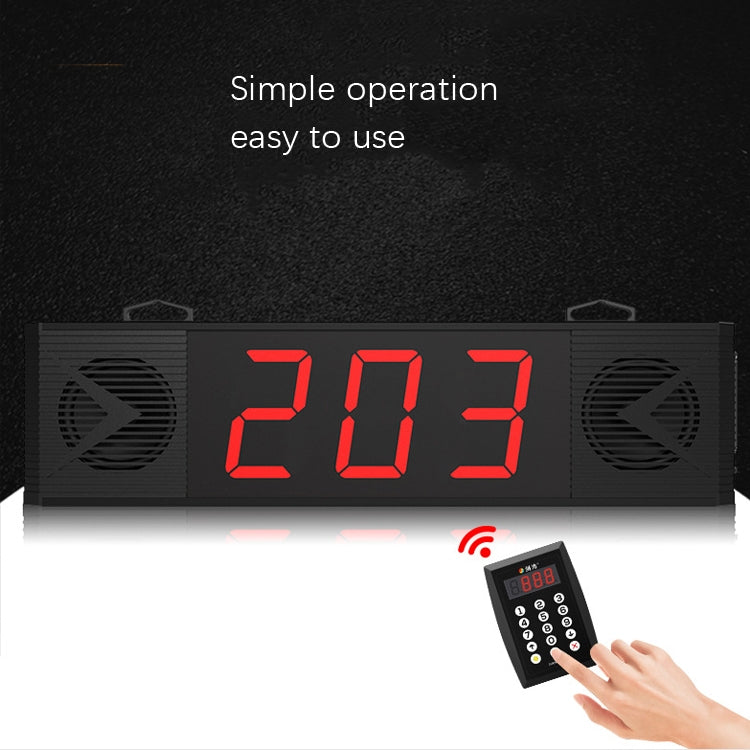 Black meal caller display showing red 203 digits with remote held in a hand