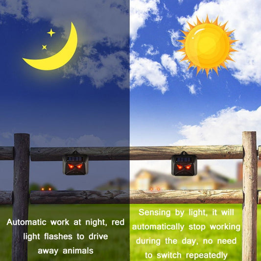 Solar animal repeller unit on a fence post with red LEDs