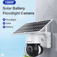 Solar floodlight security camera with white mount arm and black rotating lens turret