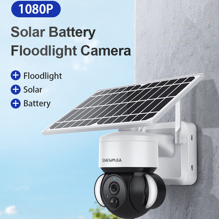 Solar floodlight security camera with white mount arm and black rotating lens turret