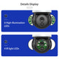 Solar security camera lens close-up with surrounding LED light arrays on the black dome