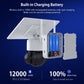 Solar security camera with open battery compartment showing internal rechargeable pack