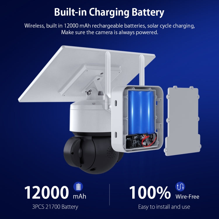 Solar security camera with open battery compartment showing internal rechargeable pack
