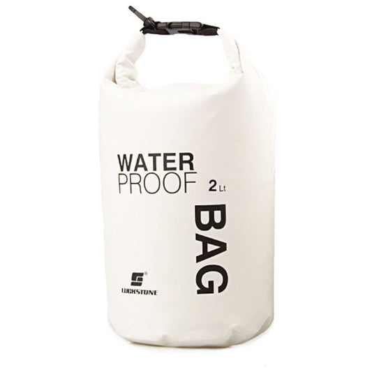 White waterproof dry bag (2L) with roll-top closure, front logo print.