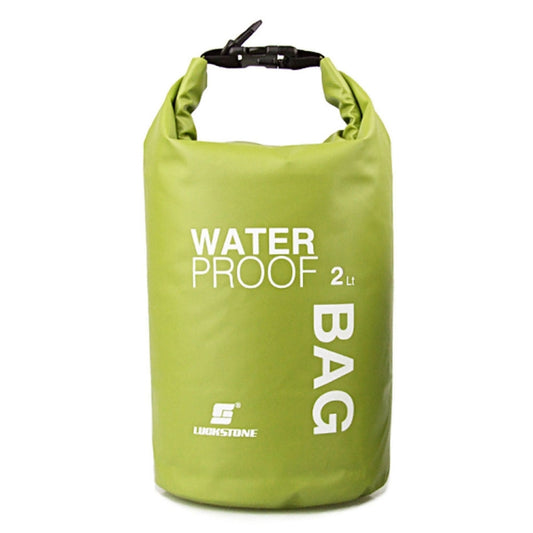 Green waterproof dry bag (2L) with roll-top closure, front logo print.
