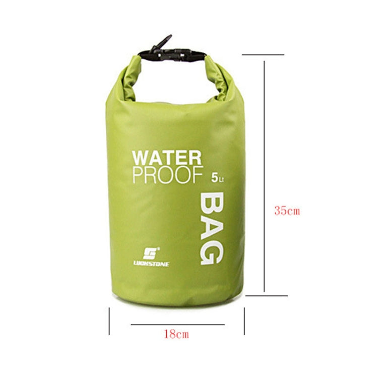 5L waterproof dry bag, green, with size diagram for length and width