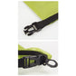 Green waterproof dry bag close-up, black strap buckle and metal D-ring