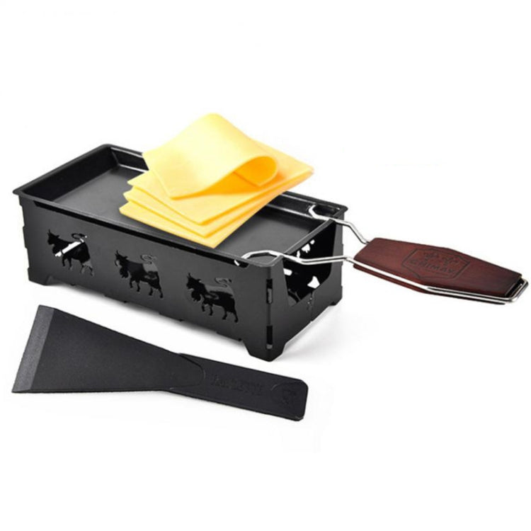 Mini cheese grill with black tray, animal cutouts, and brown wooden handle