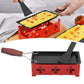 Mini cheese grill with black tray, red base, and brown wooden handle