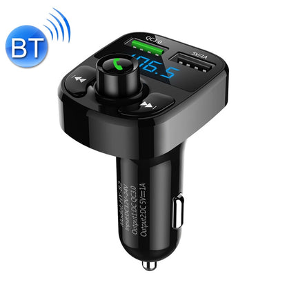 Black Bluetooth car MP3 receiver with dual USB ports, digital display, and car charger plug