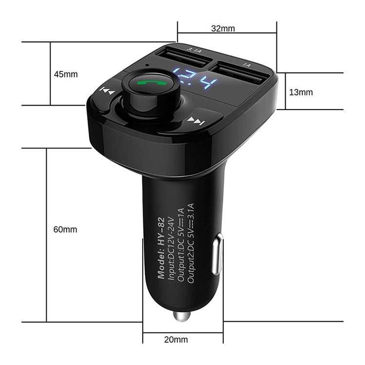 Black Bluetooth car MP3 receiver with blue LED display, dual USB port, shown with dimensions