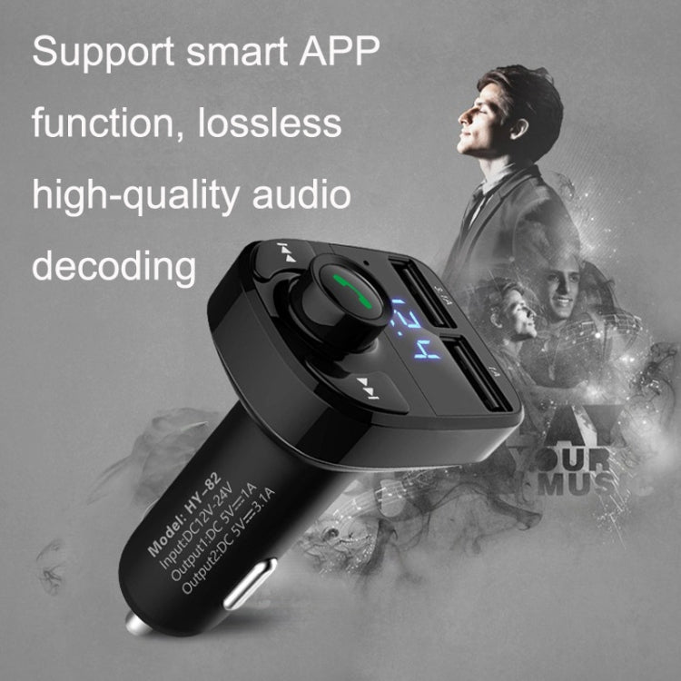 Black Bluetooth car MP3 receiver with blue LED screen, control dial, and dual USB charging ports
