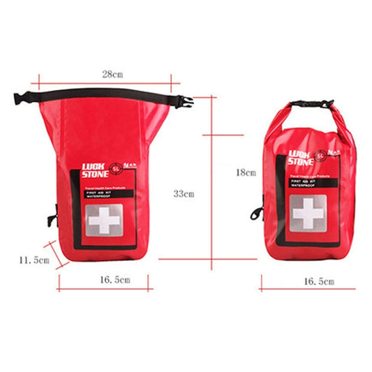 Red waterproof first aid bag with black straps and rectangular medical cross patch