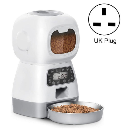 Automatic pet feeder with food viewing window, control panel, and feeding bowl; UK plug