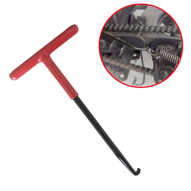 Motorcycle exhaust spring hook tool with red T-handle and black metal shaft
