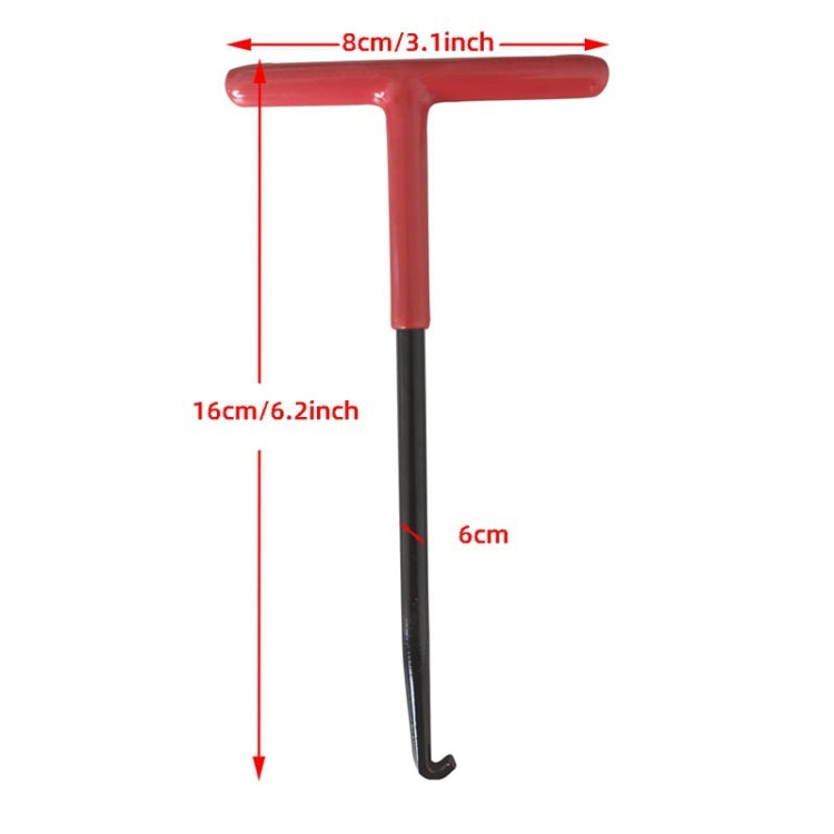 Motorcycle exhaust spring hook tool with red handle, black shaft, curved hook