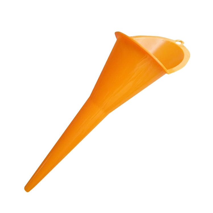 Orange plastic refueling funnel with long spout and wide mouth
