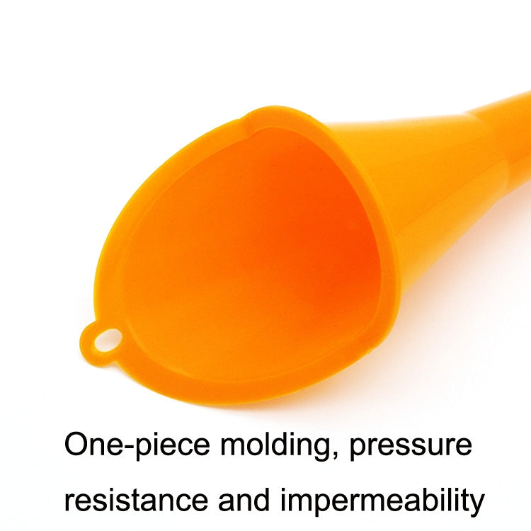Orange plastic funnel with large round mouth and small hanging loop