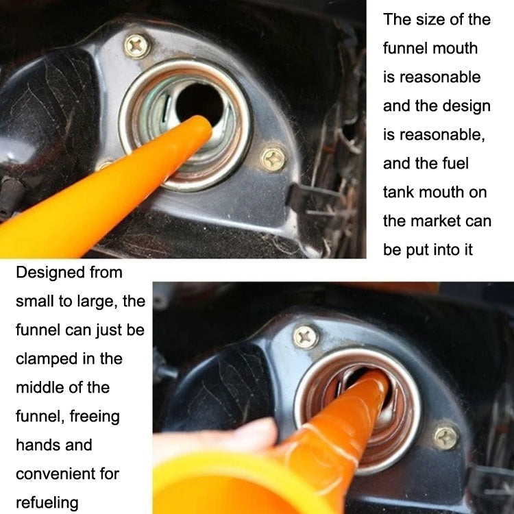 Orange funnel placed into metal fuel filler opening