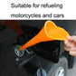 Orange refueling funnel at fuel tank opening, held in hand
