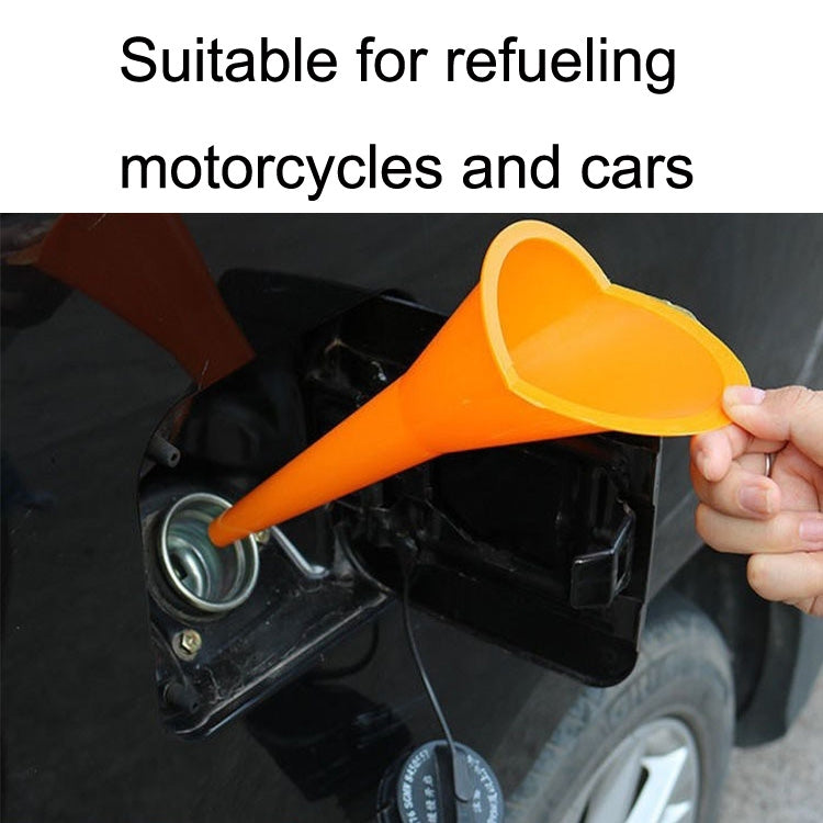 Orange refueling funnel at fuel tank opening, held in hand
