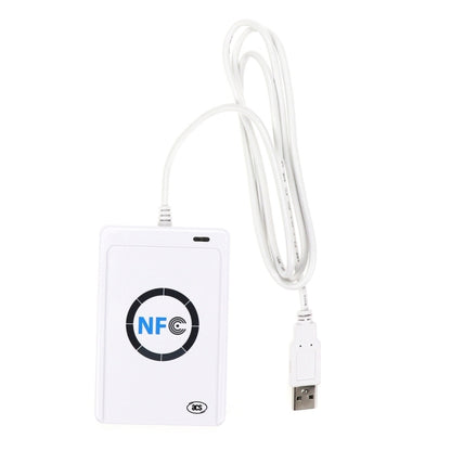 Contactless IC card reader with NFC logo and white USB cable