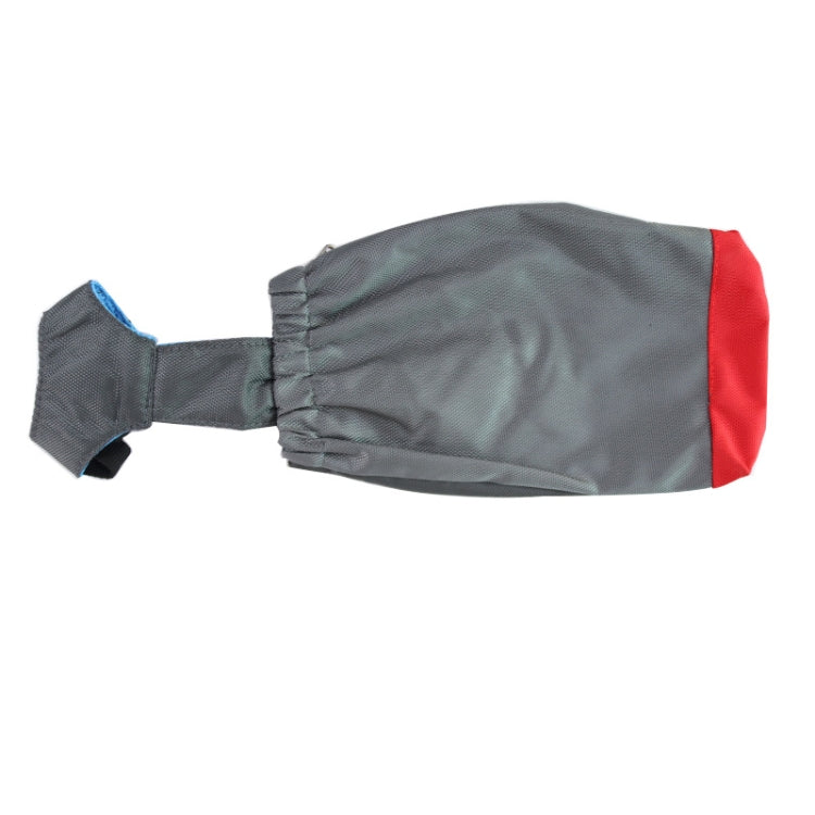 Gray pet protection bag with blue mesh strap and red end panel