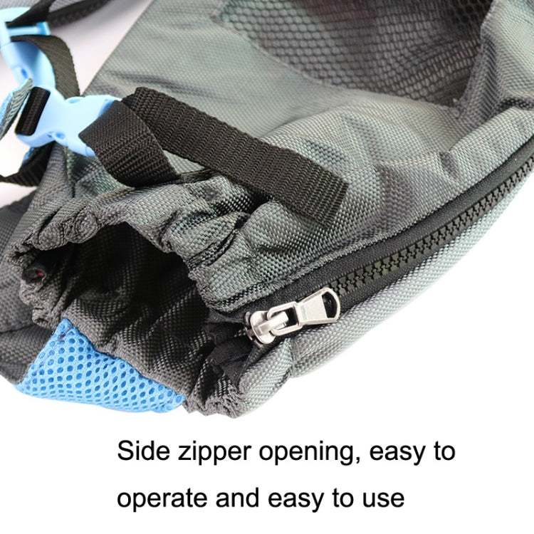Gray mesh pet protection bag with side zipper opening and black pull tab