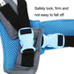 Pet protection bag with blue mesh lining and black straps with buckle clips