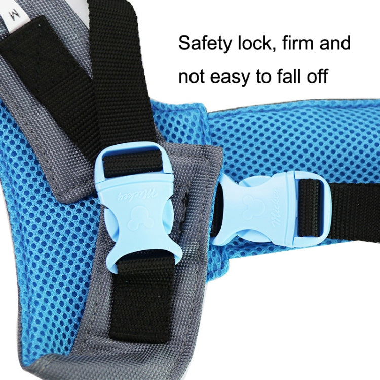 Pet protection bag with blue mesh lining and black straps with buckle clips